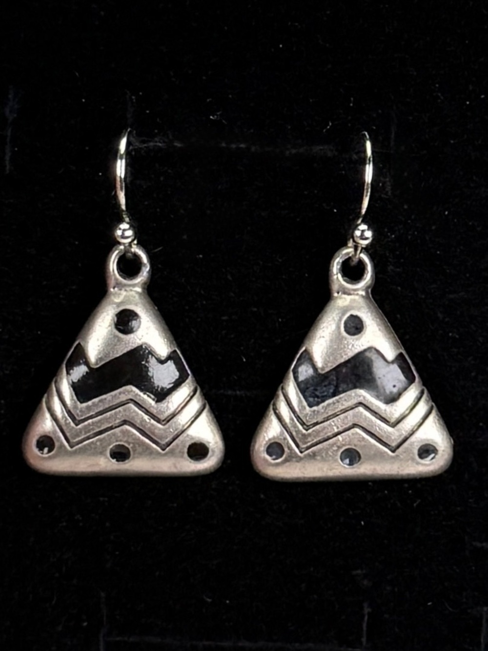 Vintage aged, Silvertone and black triangle Aztec pierced earrings